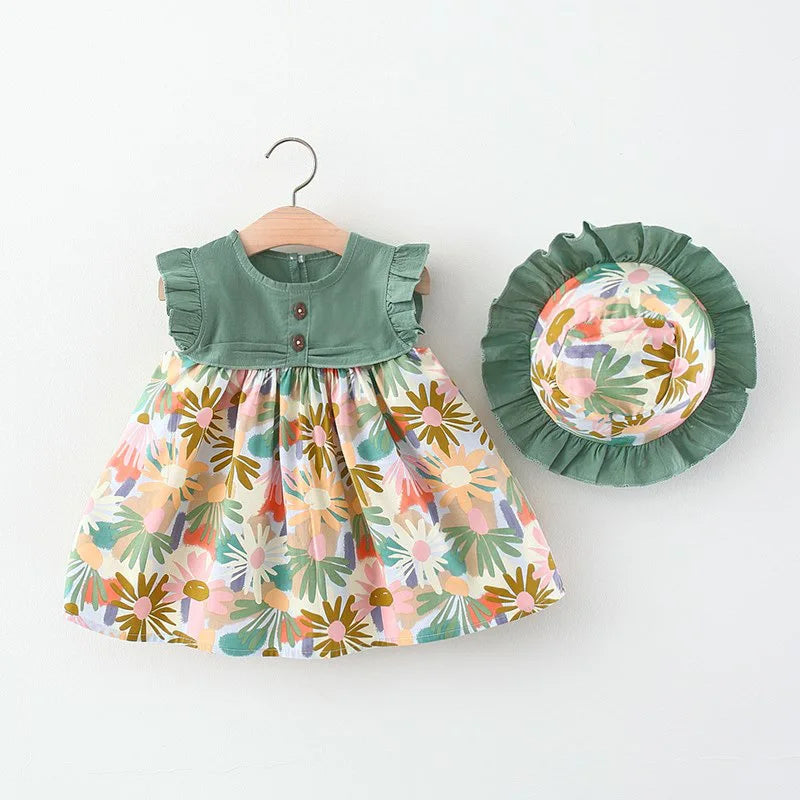 2Piece Set Summer Toddler Dresses For Girls Korean Fashion Flowers Sleeveless Beach Princess Dress+Hat Baby Clothes Outfit BC140