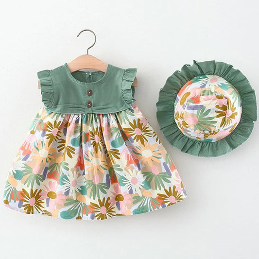 2Piece Set Summer Toddler Dresses For Girls Korean Fashion Flowers Sleeveless Beach Princess Dress+Hat Baby Clothes Outfit BC140