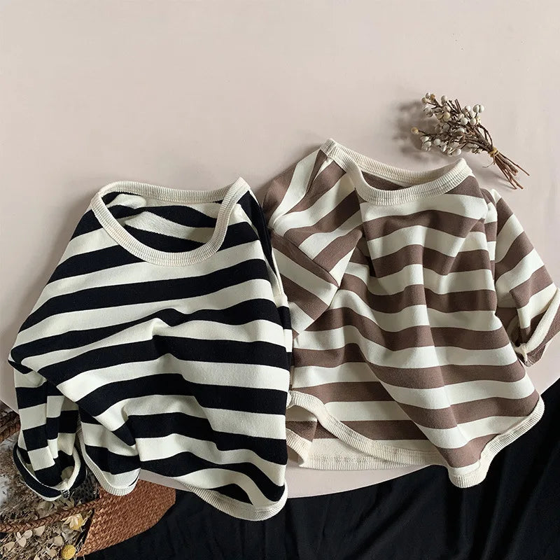 2024 Spring Autumn New Children Casual T Shirt Loose Kids Striped T Shirts Cotton Tee Boys Girls Long Sleeve Tops Baby Clothes