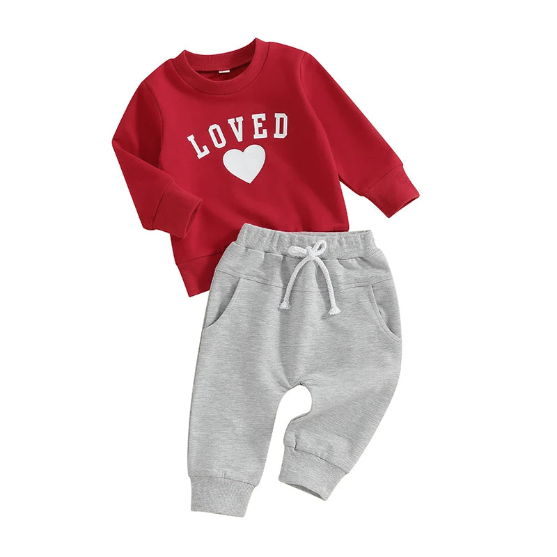 Lioraitiin Toddler Boys Valentine's Day Outfits Heart Letter Print Long Sleeve Sweatshirts and Long Pants Clothes Set
