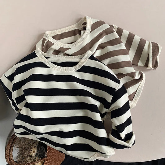 2024 Spring Autumn New Children Casual T Shirt Loose Kids Striped T Shirts Cotton Tee Boys Girls Long Sleeve Tops Baby Clothes