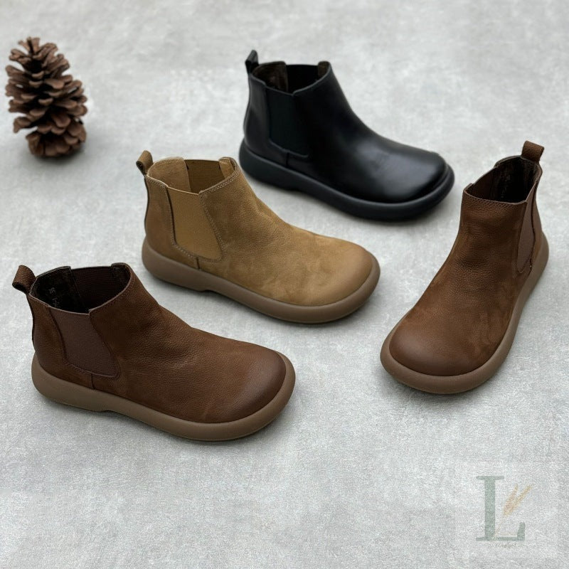 Artisan Linen-Trim Flat Genuine Leather Chelsea Boots