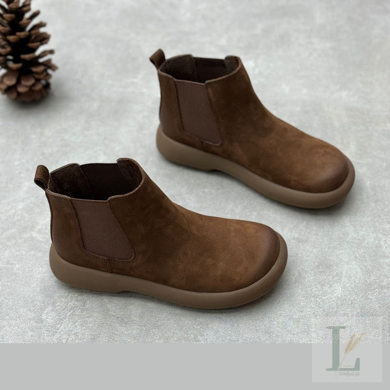 Artisan Linen-Trim Flat Genuine Leather Chelsea Boots