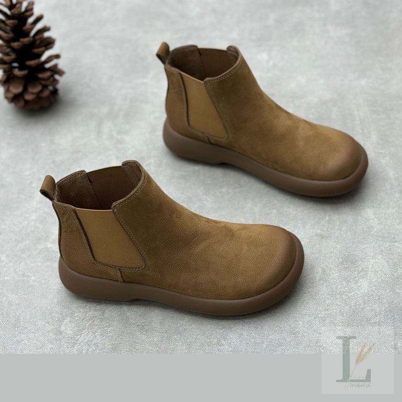 Artisan Linen-Trim Flat Genuine Leather Chelsea Boots