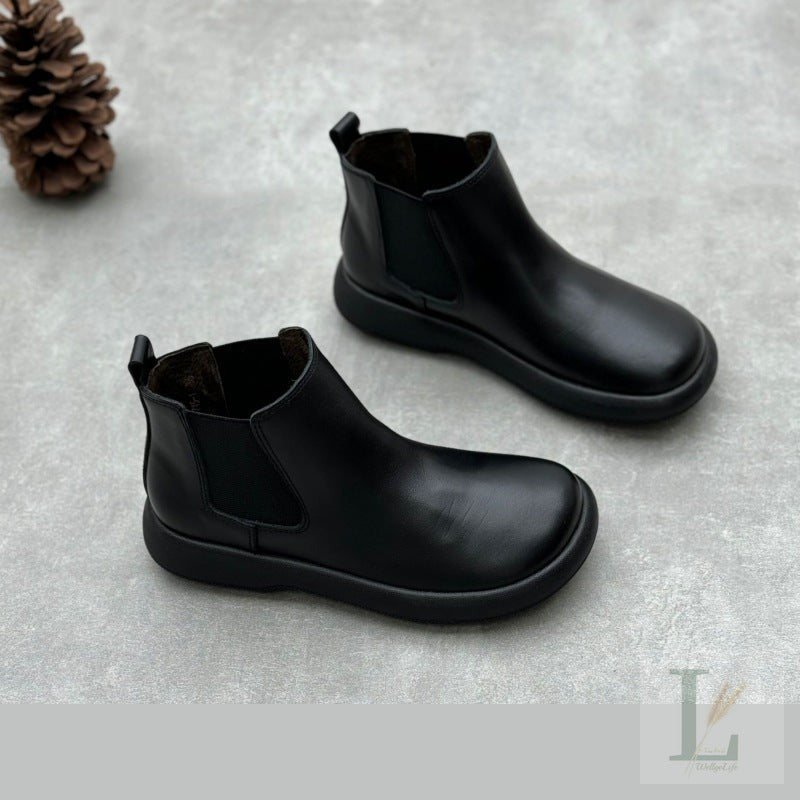 Artisan Linen-Trim Flat Genuine Leather Chelsea Boots
