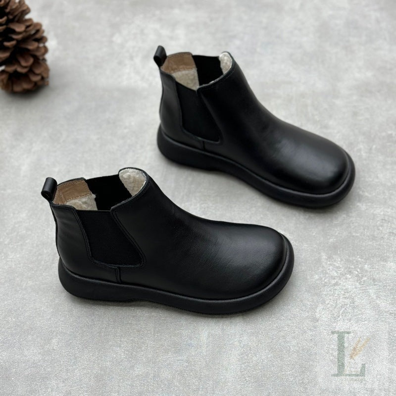 Artisan Linen-Trim Flat Genuine Leather Chelsea Boots