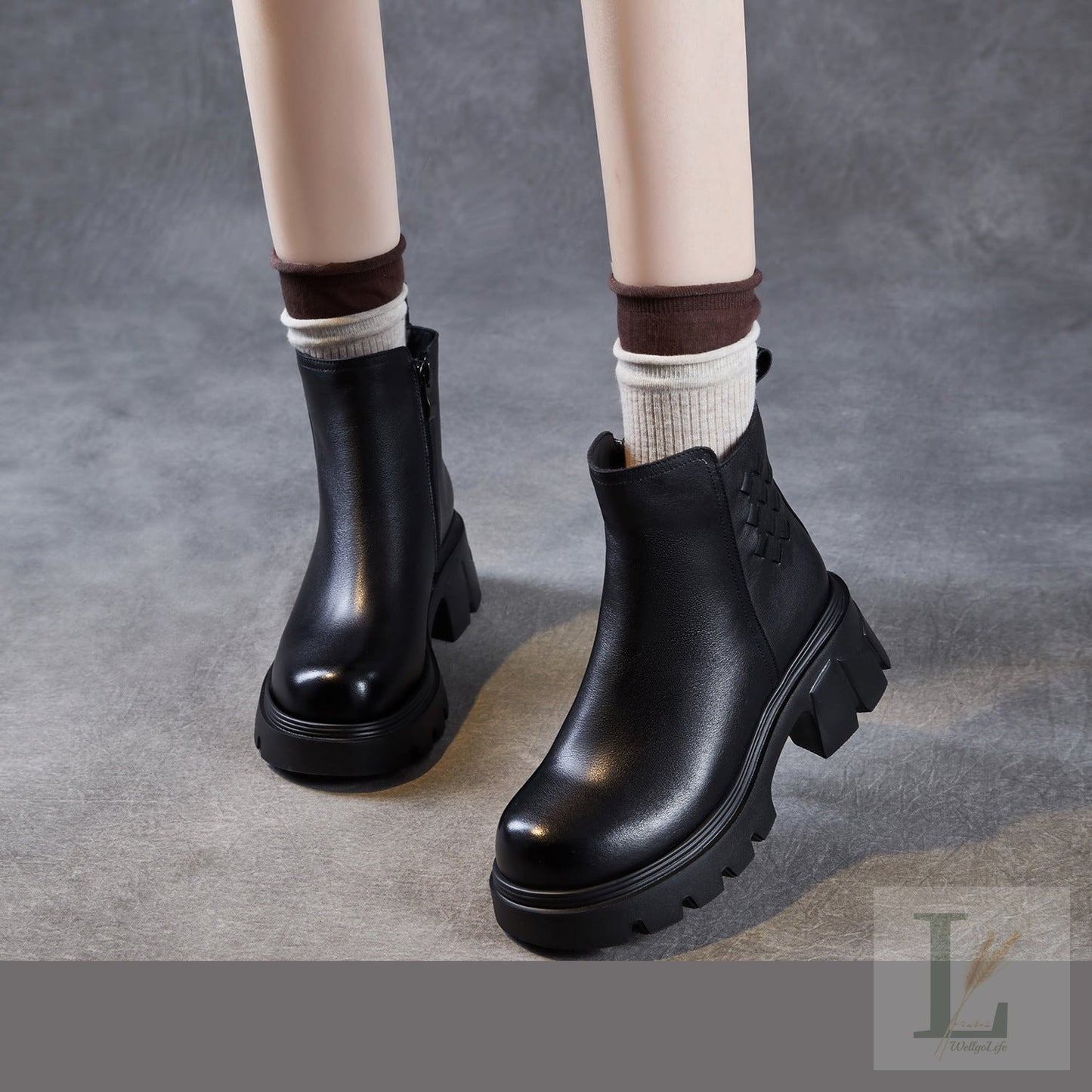 Woven-Back Lug-Sole Platform Genuine Leather Chelsea Boots