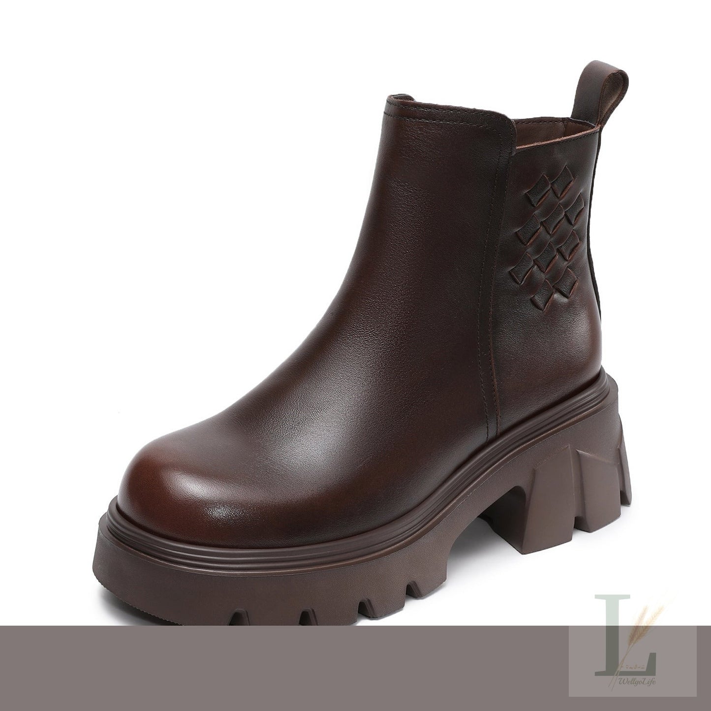 Woven-Back Lug-Sole Platform Genuine Leather Chelsea Boots